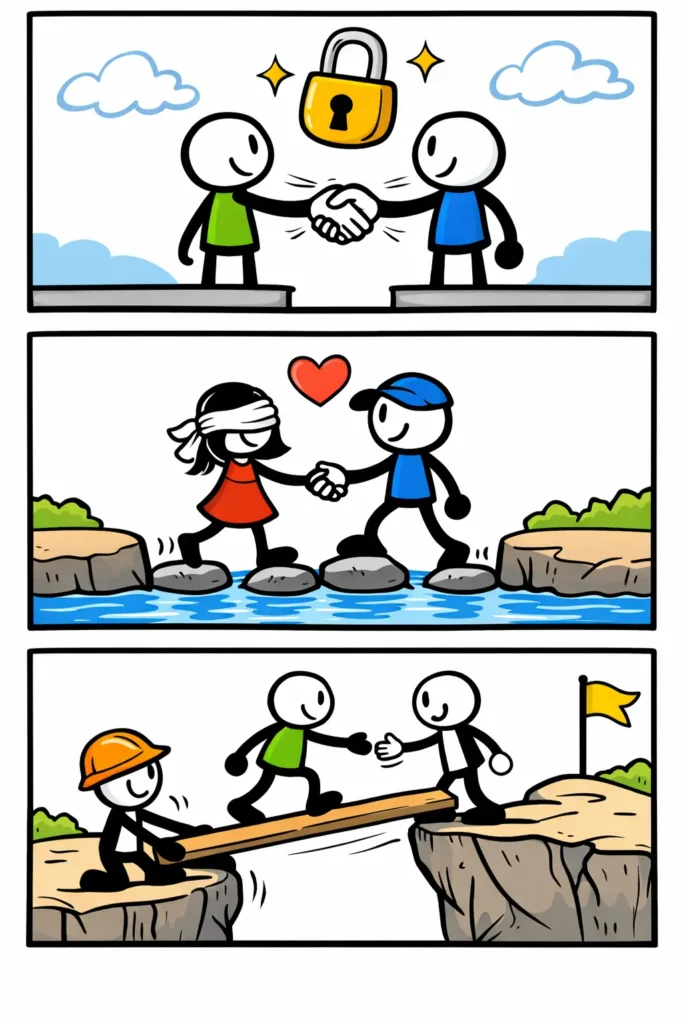 Stickman-strip in drie panelen over Vertrouwen, waarin figuurtjes elkaar ondersteunen en begeleiden zonder tekst.