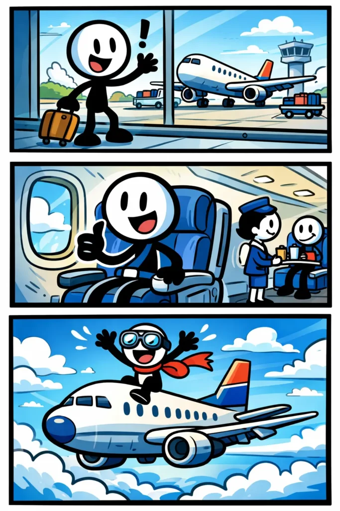 Stripafbeelding van een stickman in Toonwords-stijl met het Nederlandse woord ‘vliegtuig’ als thema