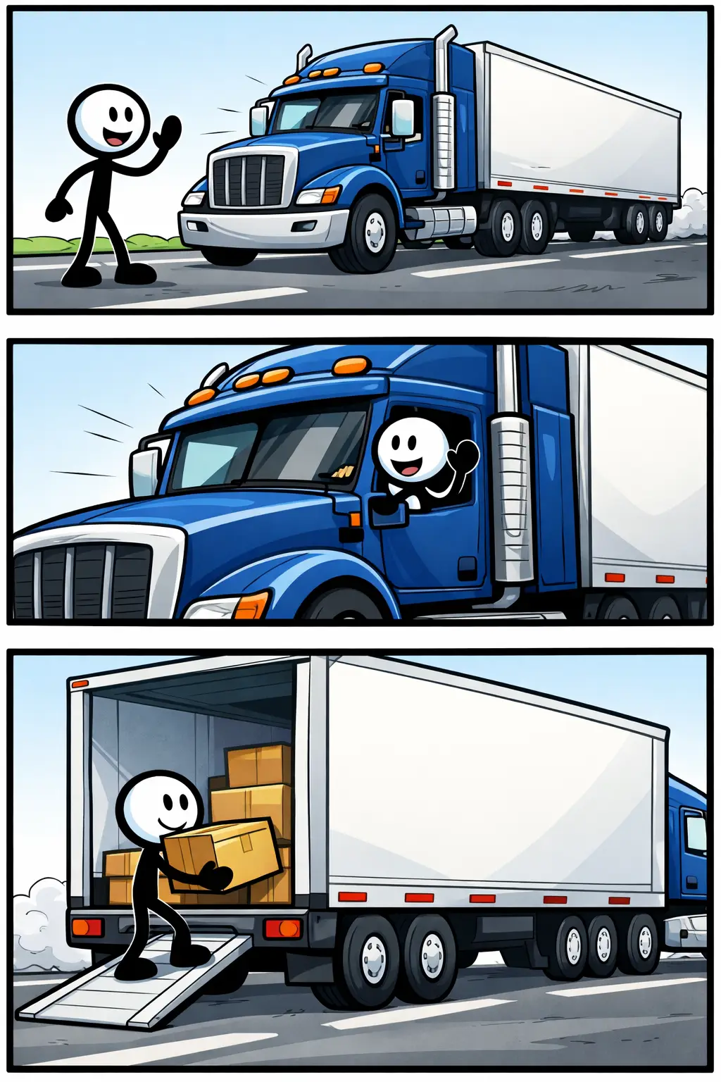 Stripafbeelding met drie panelen van een stickman in Toonwords-stijl bij een vrachtwagen, waarin de vrachtwagen centraal staat.