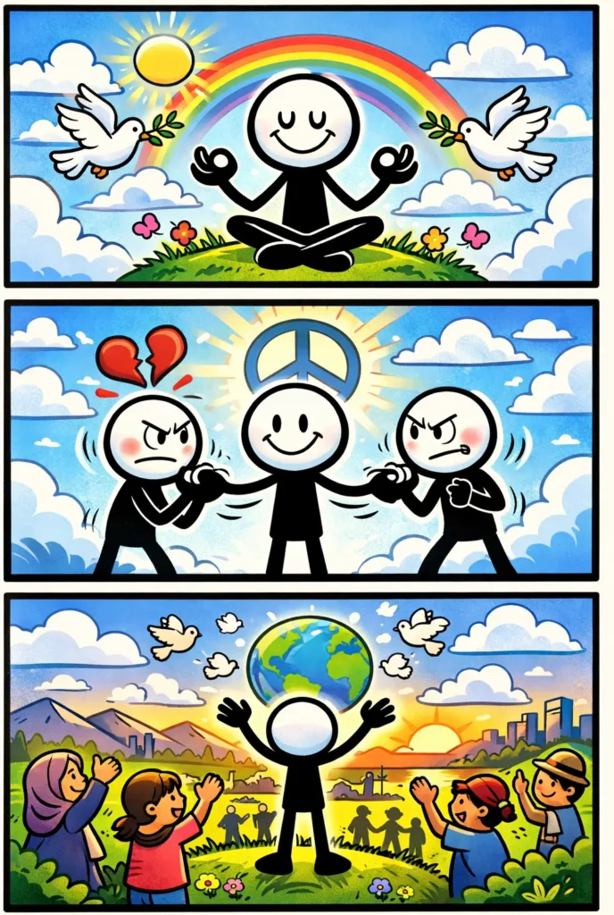 Stripafbeelding van een stickman over vrede in drie panelen onder elkaar.