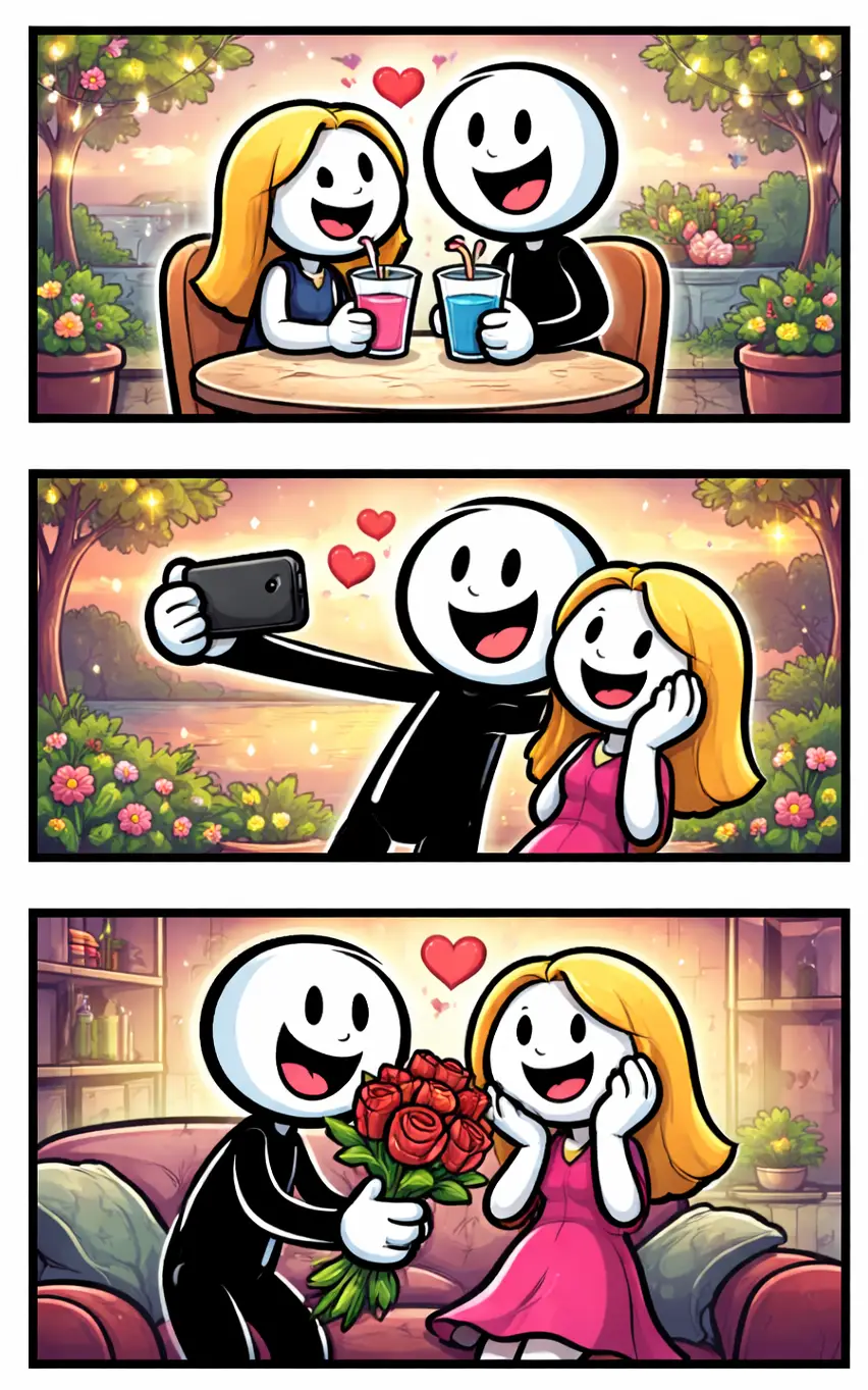 Stripafbeelding in Toonwords-stijl van het woord “vriendin” met een stickman die samen leuke momenten beleeft met een meisje.