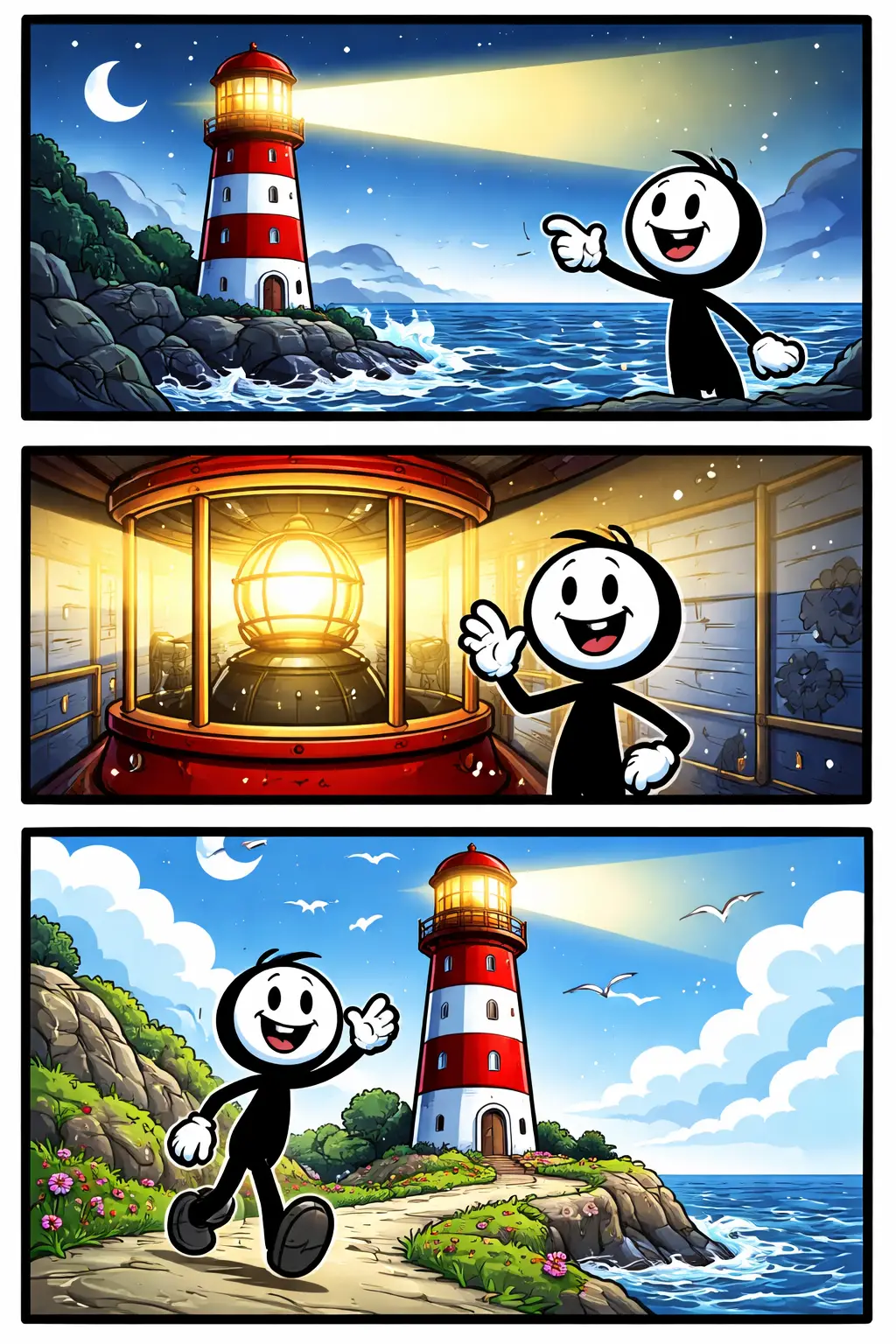 Stripafbeelding van een stickman bij een vuurtoren die licht over zee schijnt.