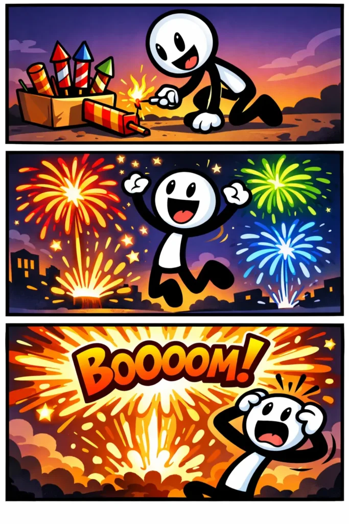 Toonwords-strip met het woord ‘vuurwerk’, waarin een vrolijke stickman in drie panelen kleurrijk vuurwerk afsteekt en bewondert.