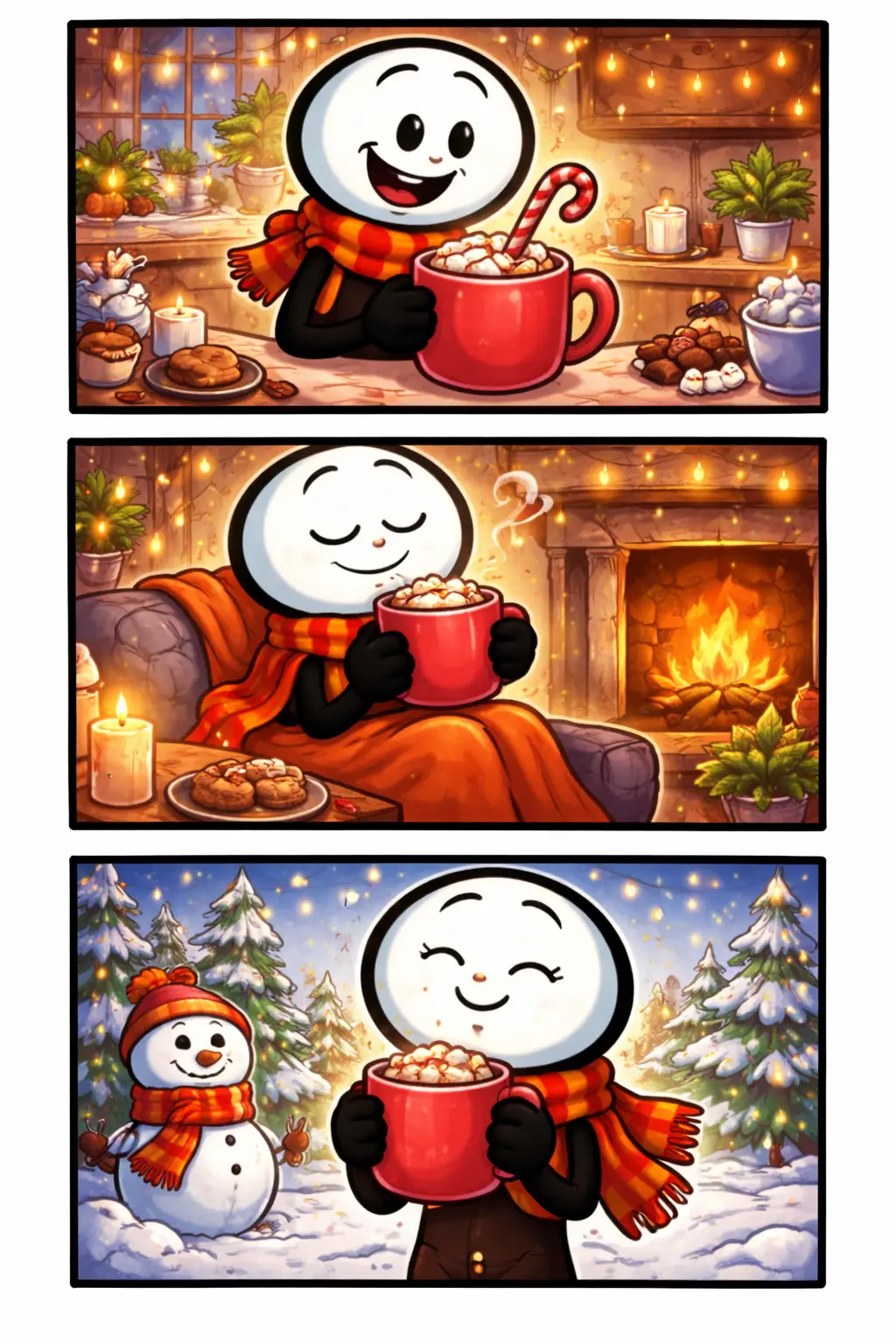 Stripafbeelding van een stickman in Toonwords-stijl over warme chocolademelk, drie panelen onder elkaar, in kleur, zonder tekst.