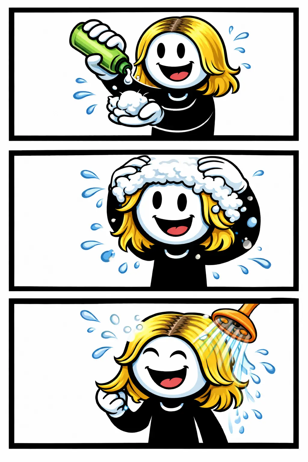 Toonwords-stripafbeelding met een stickman die zijn haar aan het wassen is.