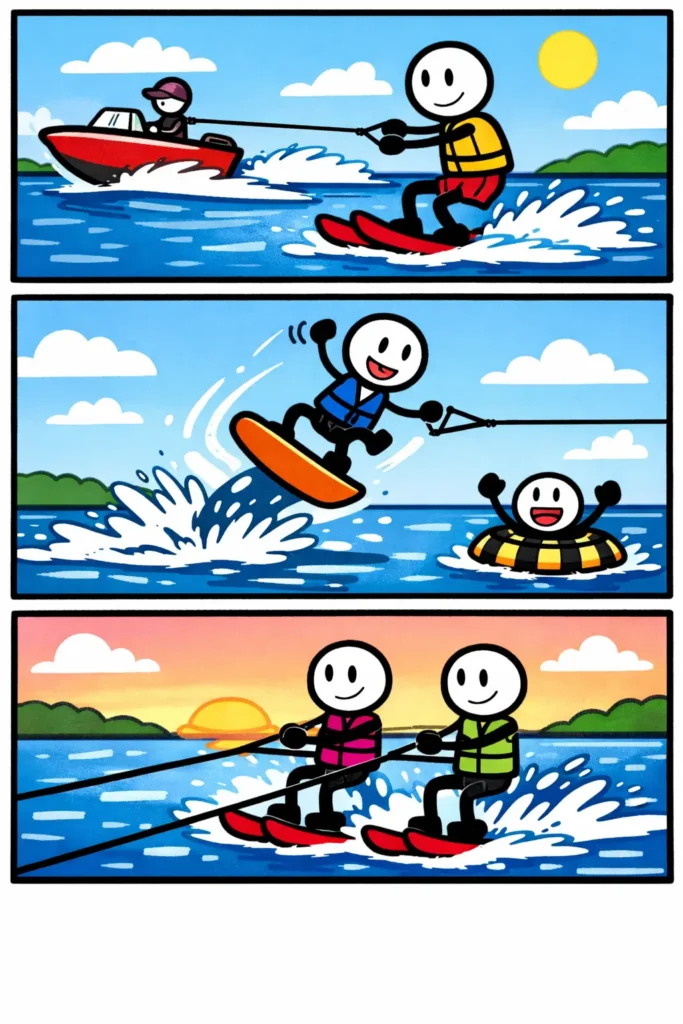 Stripafbeelding met drie panelen onder elkaar waarin stickman-figuurtjes in Toonwords-stijl Waterskiën uitbeelden op het water.