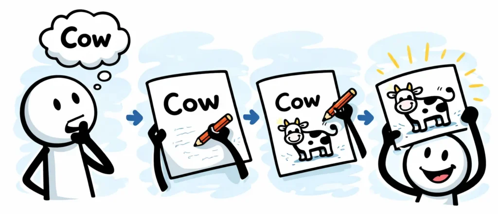 Toonwords stripillustratie met vier panelen waarin een woord stap voor stap wordt omgezet in een tekening, met de tekst ‘Words become pictures’. Toonwords beeldt de betekenis van woorden uit.