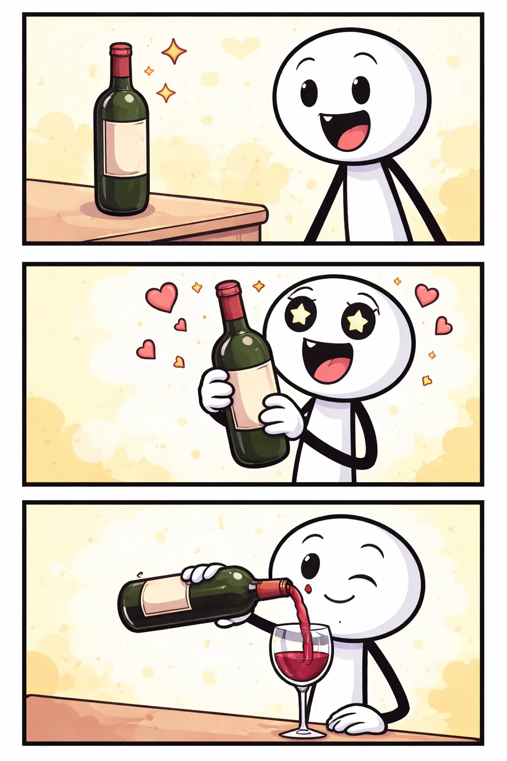 Stripafbeelding in Toonwords-stijl van een stickman die een wijnfles ontdekt, vasthoudt en in een glas uitschenkt.