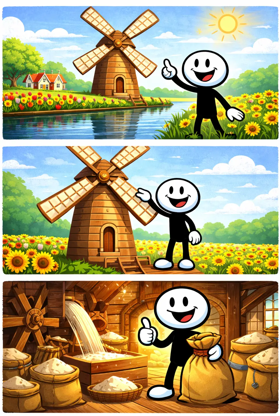 Driepanelige Toonwords-strip met een stickman bij een klassieke Nederlandse windmolen, passend bij het woord “windmolen”.