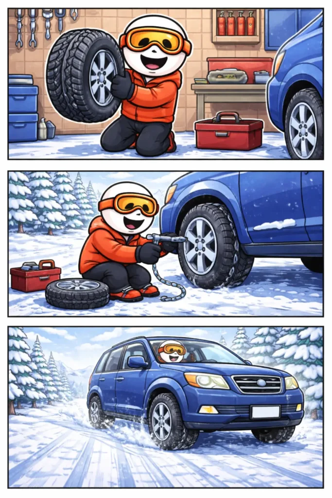 Drie-panelen stripafbeelding in Toonwords-stijl van een stickman die winterbanden monteert en daarna veilig door de sneeuw rijdt, met het Nederlandse woord winterbanden als centraal thema.