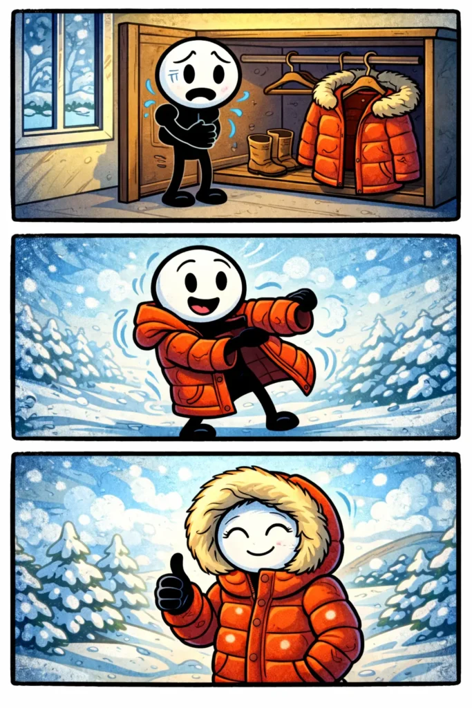 Stripafbeelding in Toonwords-stijl van een stickman met een winterjas in drie panelen onder elkaar.