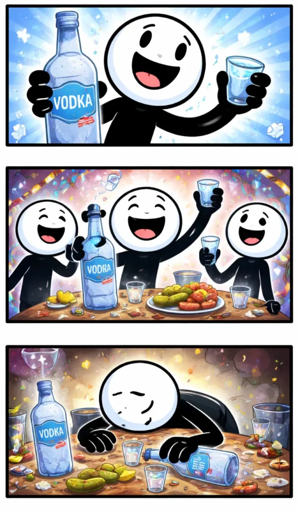 Drie-panelen stripafbeelding in Toonwords-stijl met een stickman die wodka uitbeeldt.
