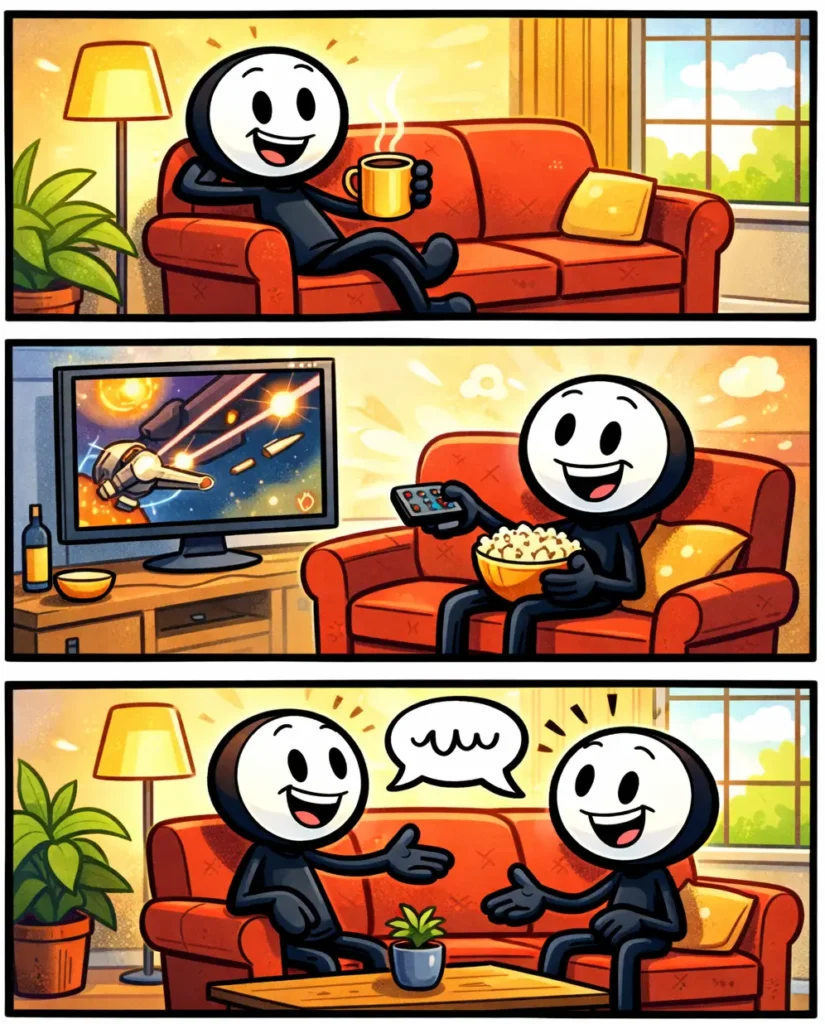 Strip van een Toonwords-stickman over het woord “woonkamer” in drie panelen onder elkaar, in kleur en zonder tekst.