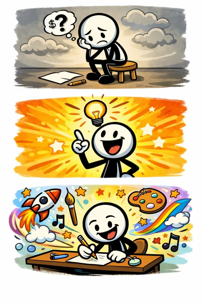 Stripafbeelding van een stickman in Toonwords-stijl over het Nederlandse woord ‘woord’, met drie kleurrijke panelen zonder tekst.