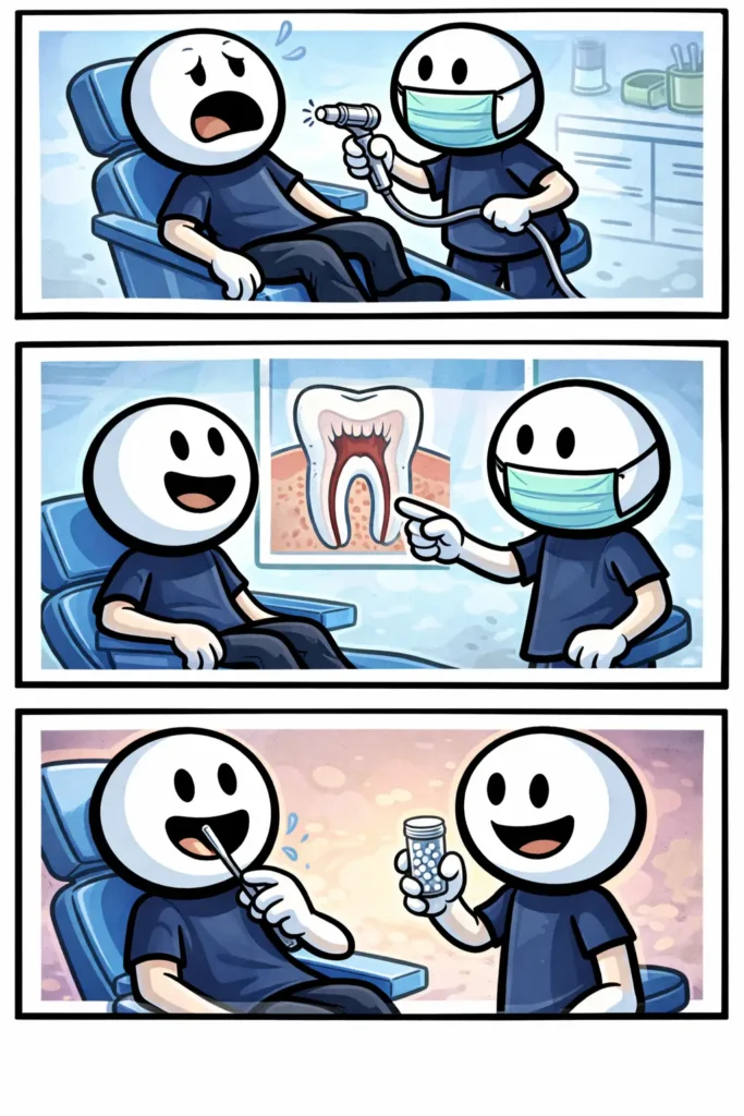 Stripafbeelding met drie panelen van stickman-figuurtjes bij de tandarts in Toonwords-stijl, met het Nederlandse woord “Wortelkanaalbehandeling” als onderwerp.