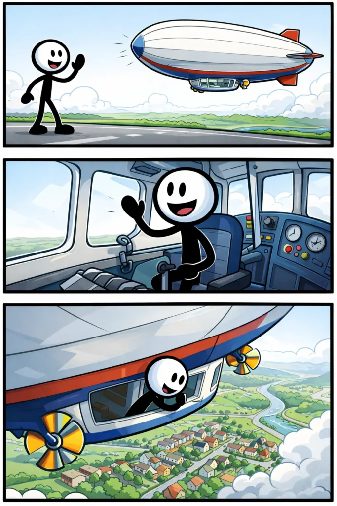 Stripafbeelding met drie panelen van een stickman in Toonwords-stijl bij een zeppelin die door de lucht zweeft.