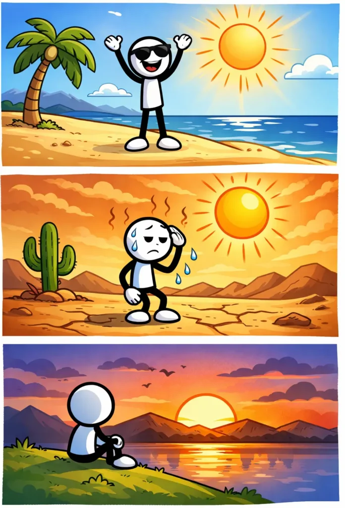 Stripafbeelding van een stickman in de zon in drie panelen, met verschillende zonmomenten – Toonword zon.