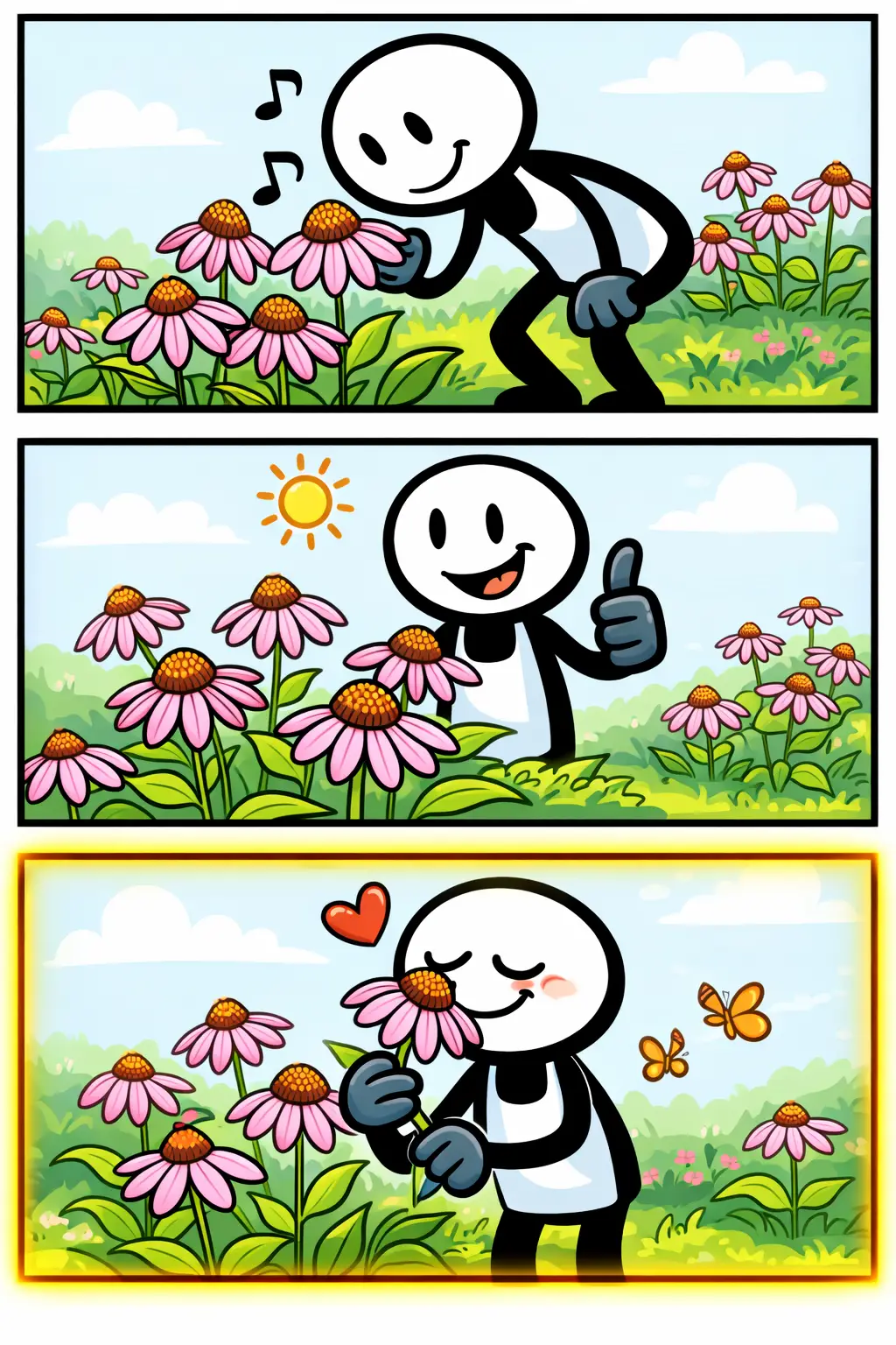 Drie-panelen stripafbeelding van een stickman die een kleurrijke zonnehoed-bloem bekijkt, ertussen loopt en eraan ruikt – Toonword: Zonnehoed.