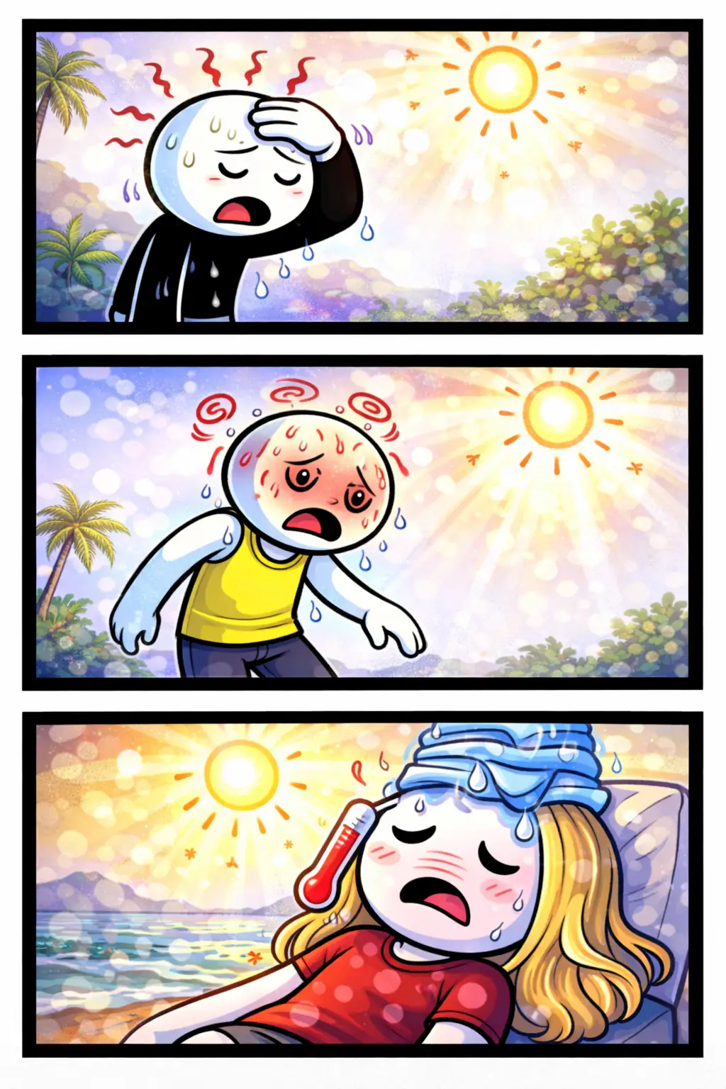 Toonwords-stripafbeelding met stickman-figuurtjes die last hebben van een zonnesteek door de felle zon.