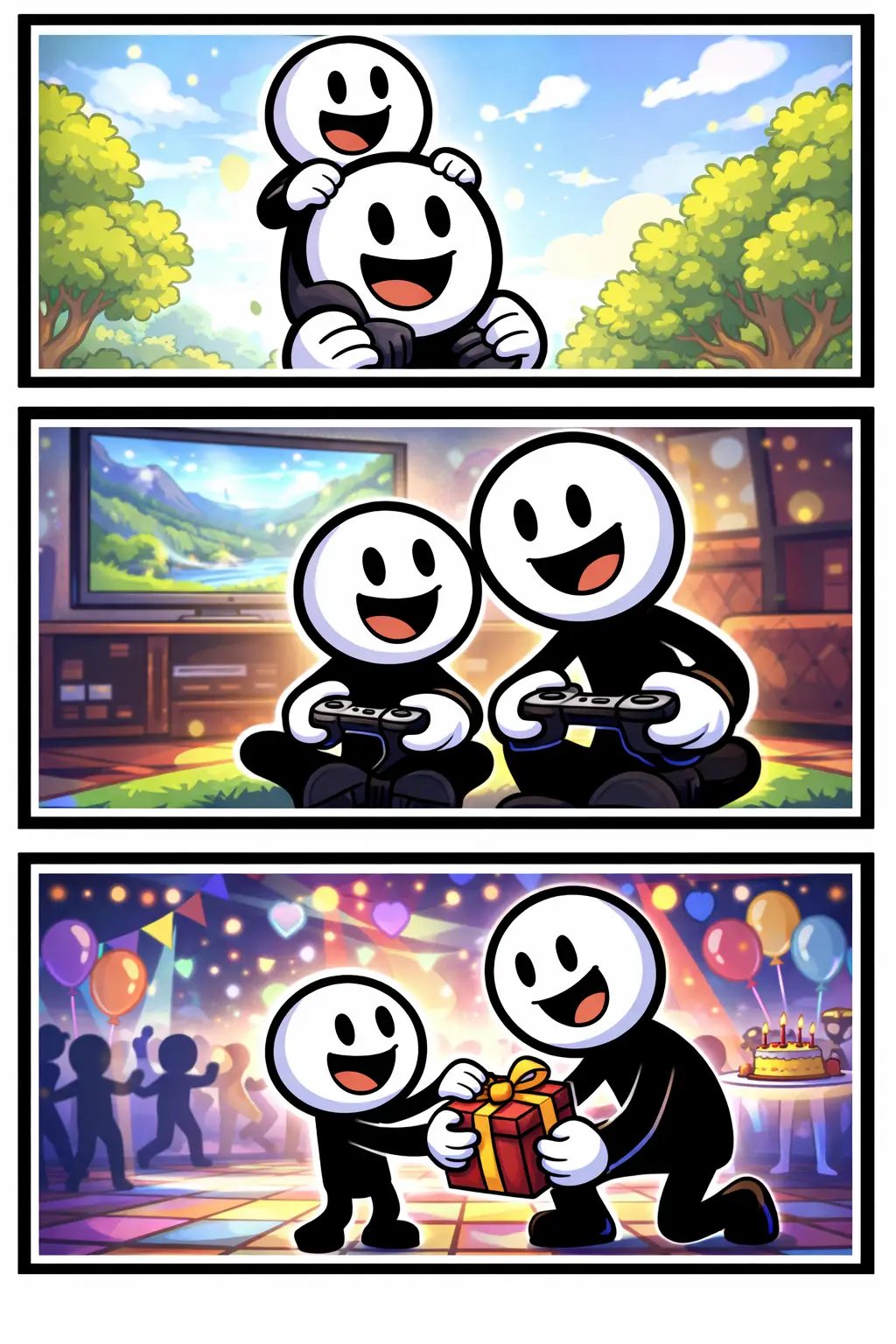 Driepanelige stripafbeelding in Toonwords-stijl met een stickman Barry en zijn zoon Max die samen spelen en plezier maken, in kleur, zonder tekst, bij het woord Zoon.