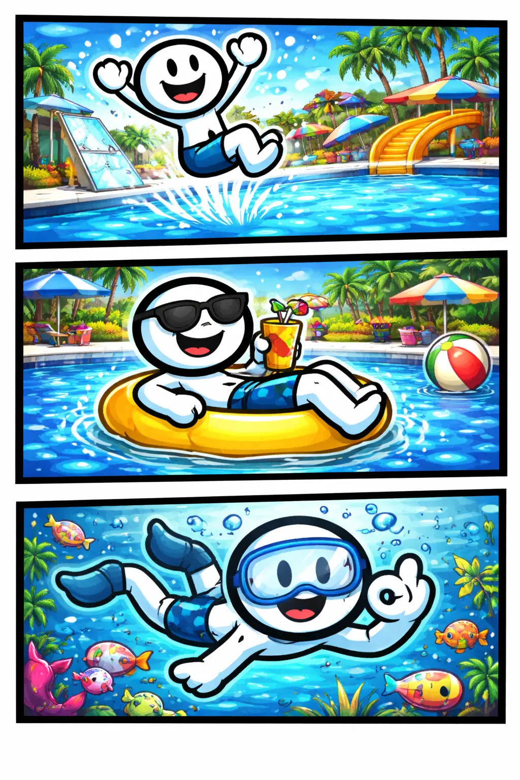 Stickman in Toonwords-stijl springt vrolijk in een zwembad met helder blauw water en zomerse sfeer, zonder tekst, met het Nederlandse woord Zwembad als onderwerp.