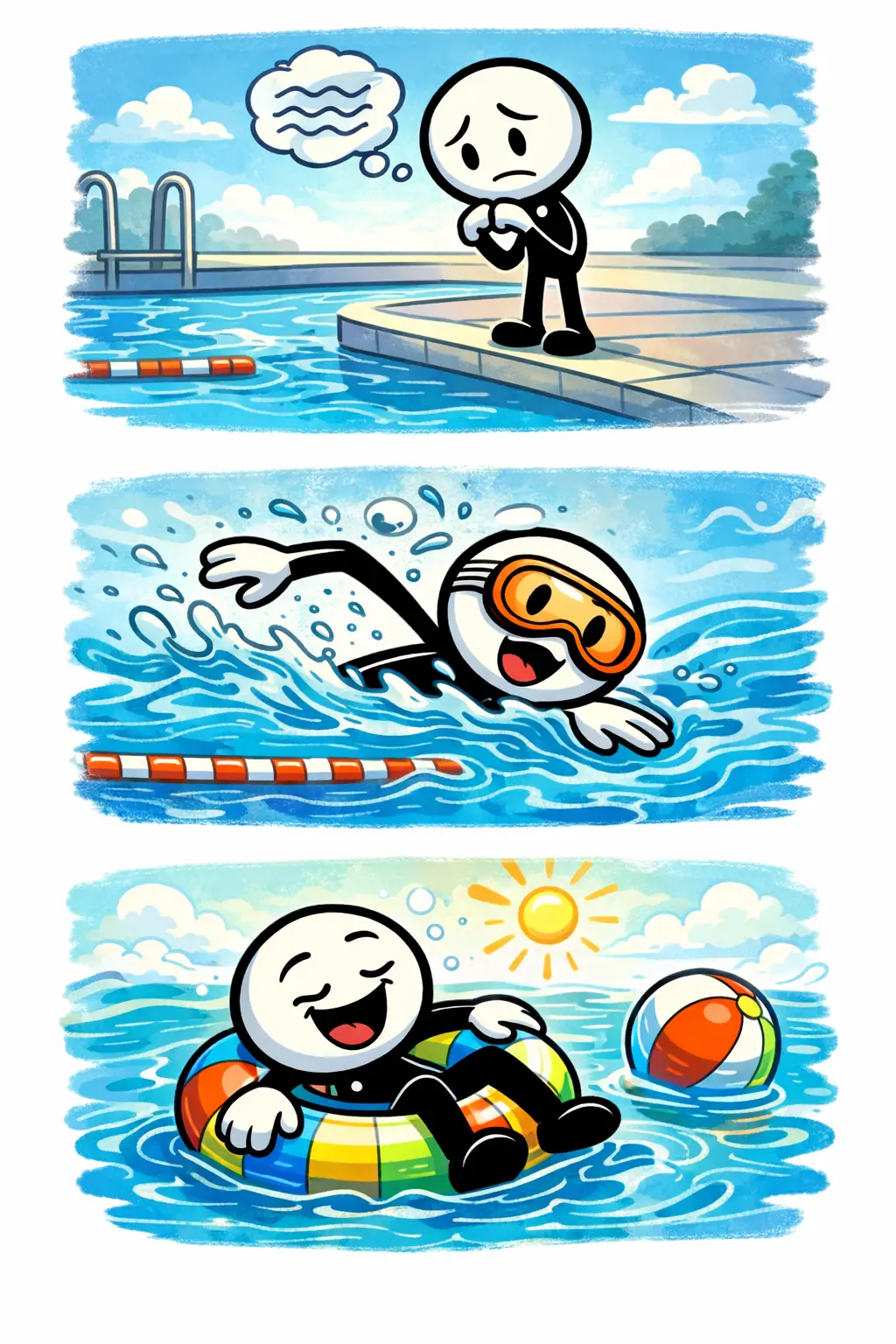 Stickman in Toonwords-stijl duikt toch het koude water in om te zwemmen.