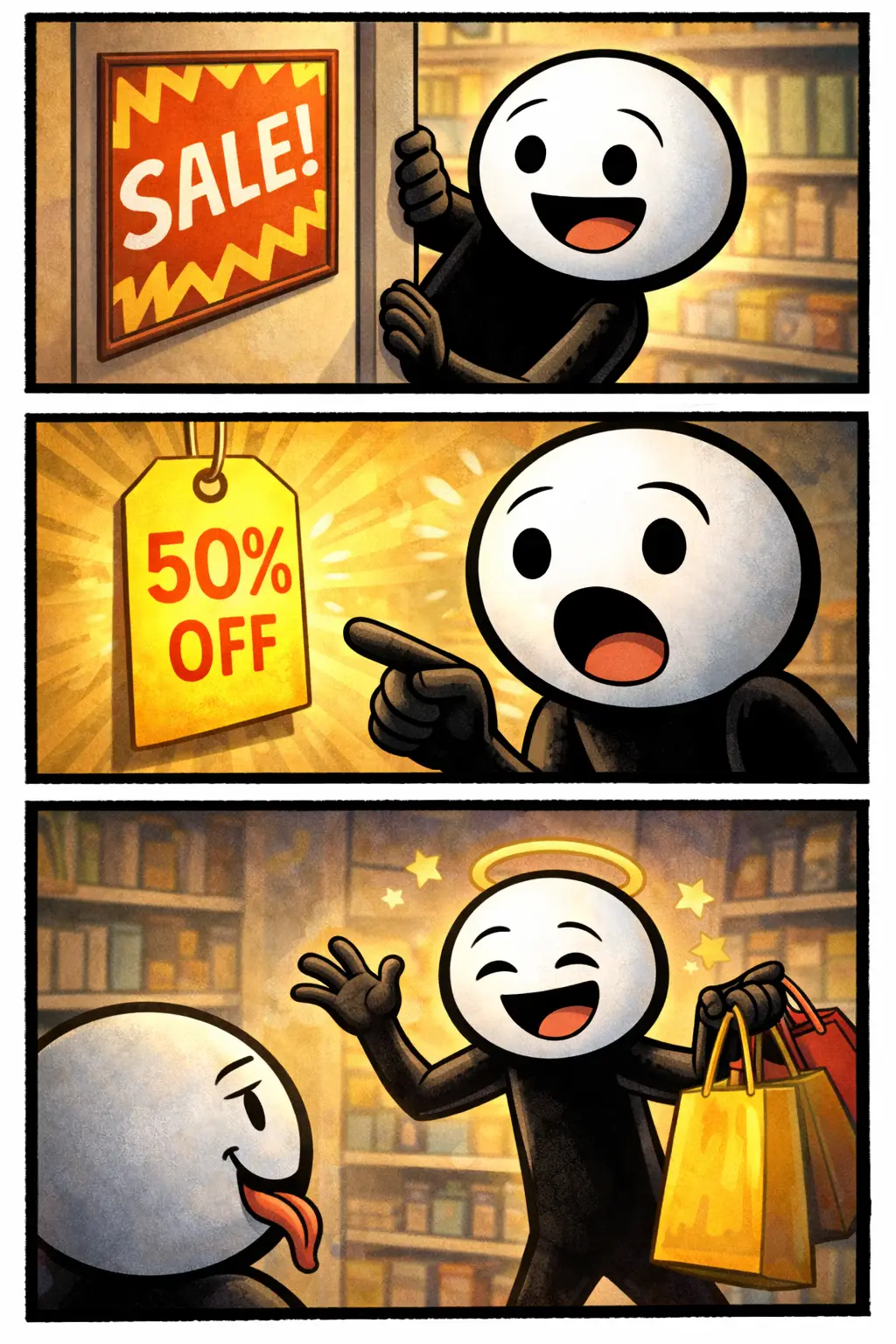 Stickman in Toonwords-stijl die blij reageert op een aanbieding in drie panelen.