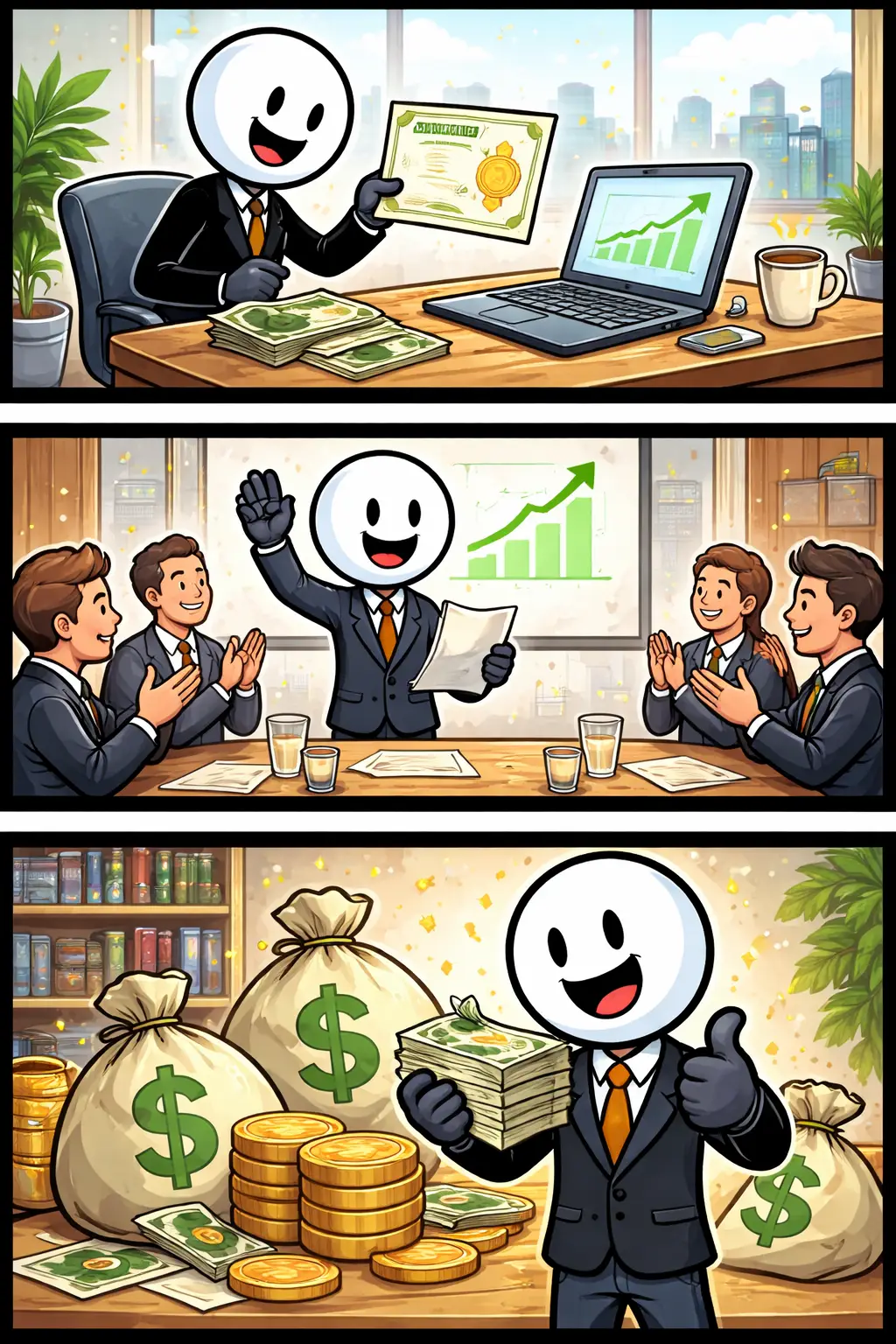 Een stickman die als aandeelhouder drie verschillende positieve situaties rondom investeren ervaart onder elkaar.