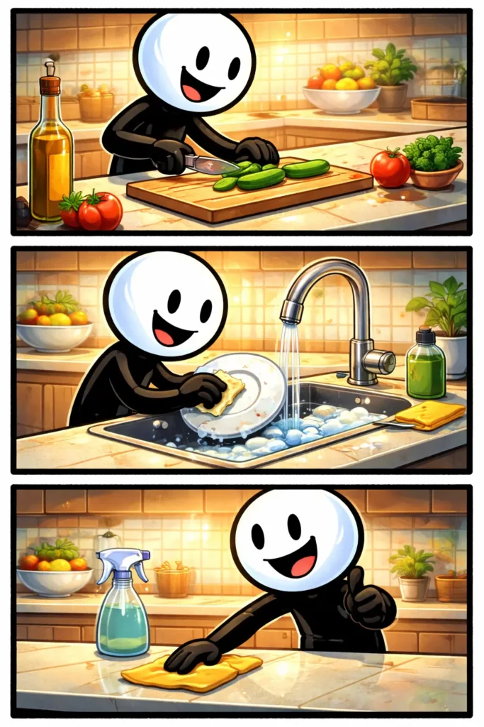 Stickman die werkt op een aanrecht in een heldere keuken, passend bij het woord aanrecht.