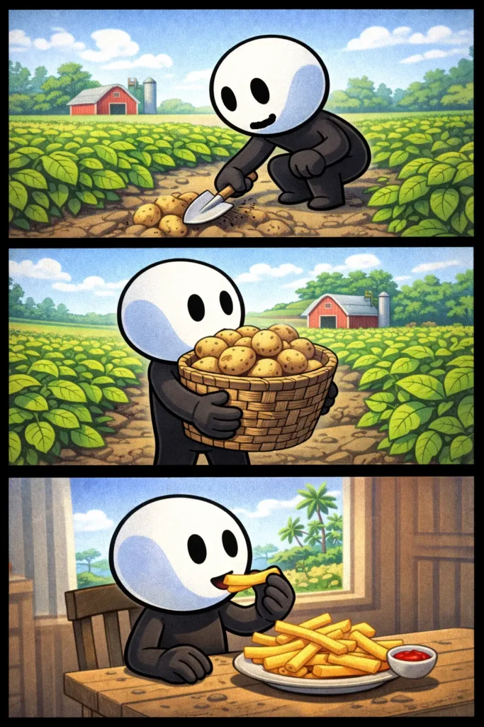 Stickman in Toonwords-stijl die een aardappel vasthoudt met een veld vol aardappelplanten op de achtergrond.