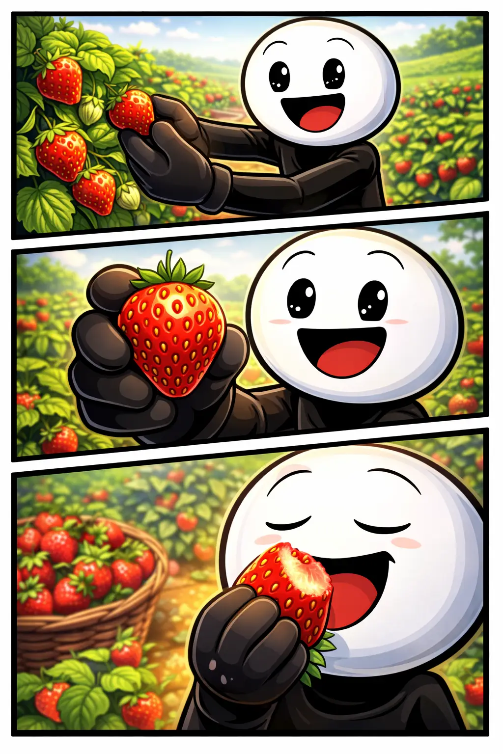 stickman die in drie panelen aardbeien plukt, vasthoudt en eet, passend bij het woord Aardbei