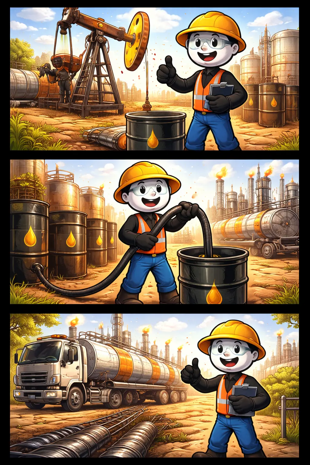 Een stickman onderzoekt drie verschillende fasen van aardolie, van winning tot transport.