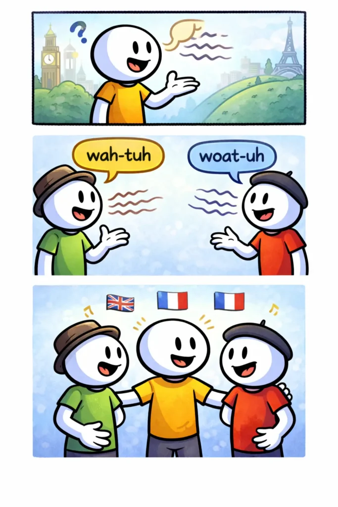 Stripafbeelding met drie panelen van een stickman in Toonwords-stijl die verschillende accenten laat zien tijdens een gesprek.