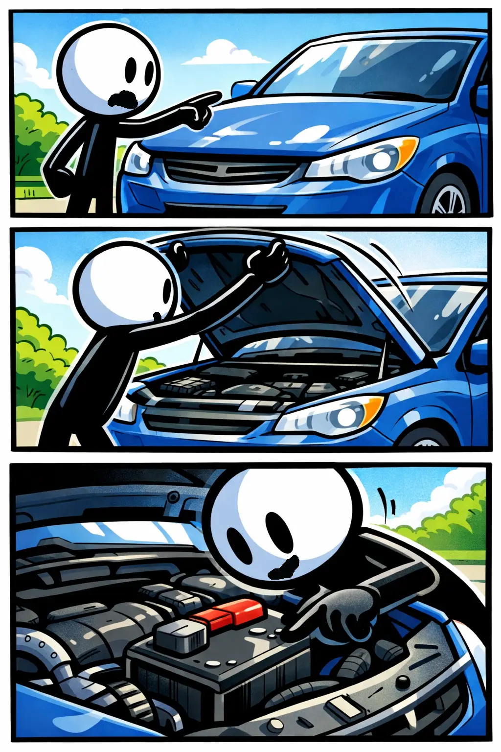 Toonwords-strip met een stickman die de motorkap opent en de accu van een auto aanwijst.