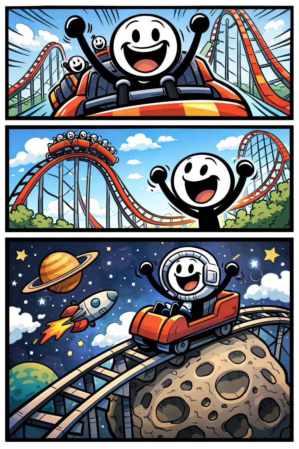 Stripafbeelding van een stickman in Toonwords-stijl die een Achtbaan beleeft, gezien vanuit de achtbaan, vanaf de grond en met een verrassend moment.