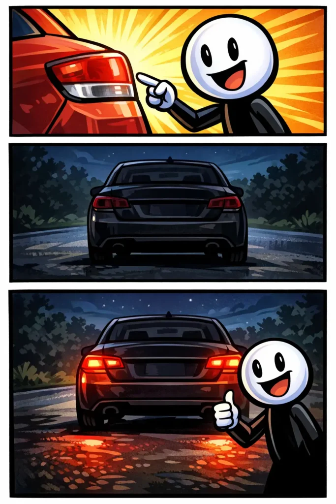 Stickman wijst het achterlicht van een auto aan en laat zien hoe het achterlicht in het donker aan en uit staat.