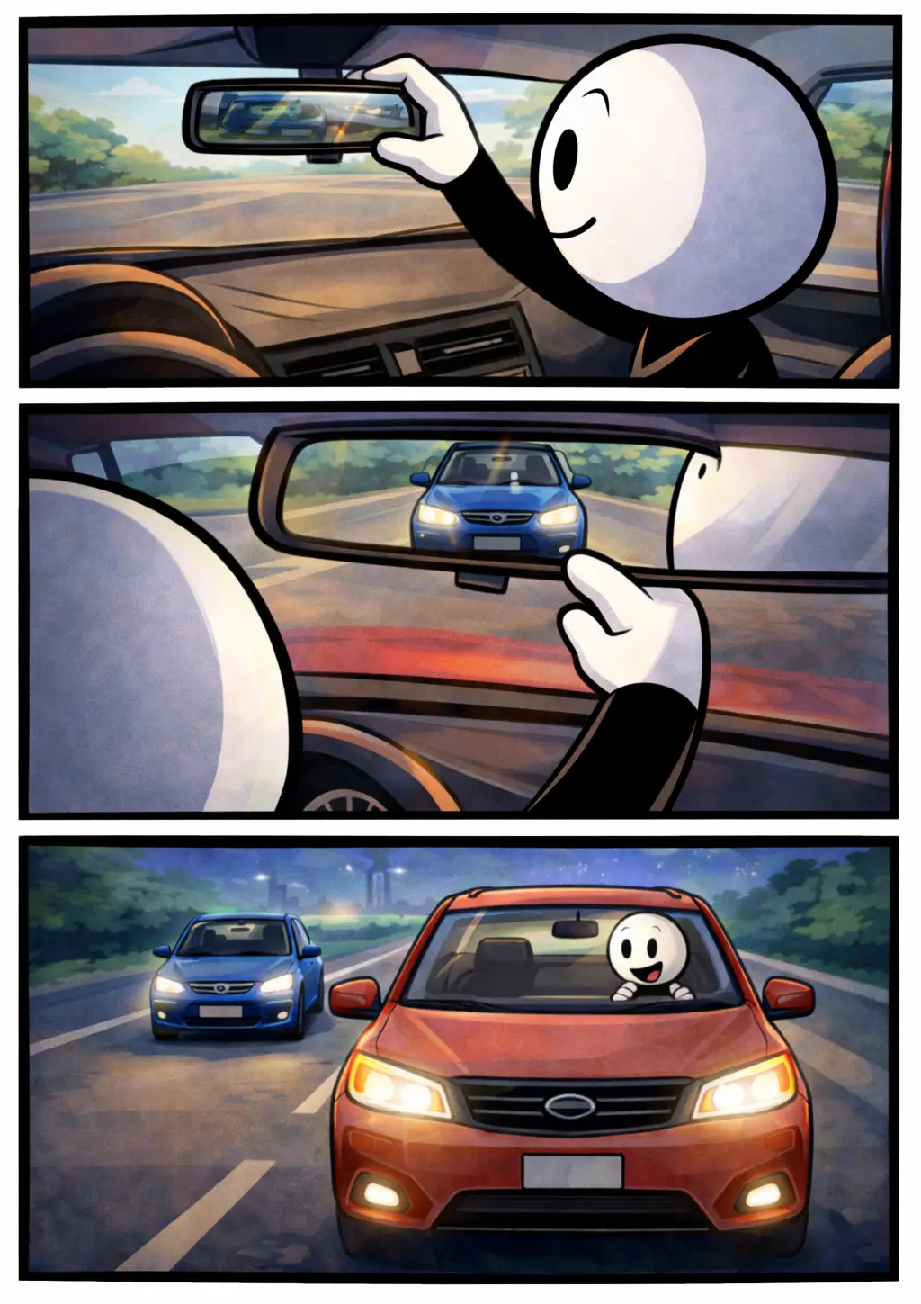 Toonwords-strip met een stickman in een rode auto die de achteruitkijkspiegel gebruikt om een auto achter zich te zien.