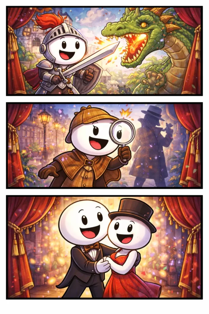 Drie-panelen stripafbeelding in Toonwords-stijl van een stickman die acteert door verschillende rollen te spelen op een podium, passend bij het Nederlandse woord Acteren.