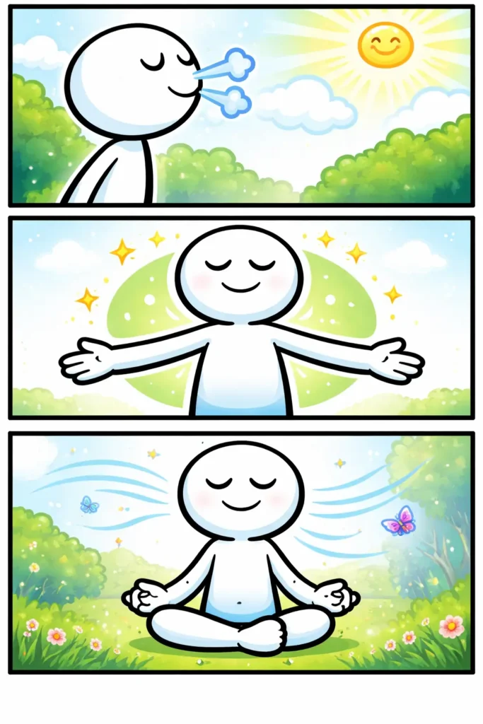 Stickman zit en ademt rustig tijdens ademhaling, weergegeven in drie panelen in Toonwords-stijl.