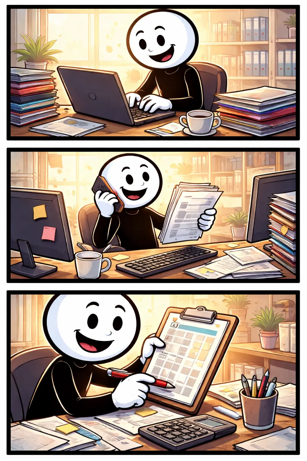 Stickman die papieren ordent en achter een bureau werkt als Toonword voor administratief werk.