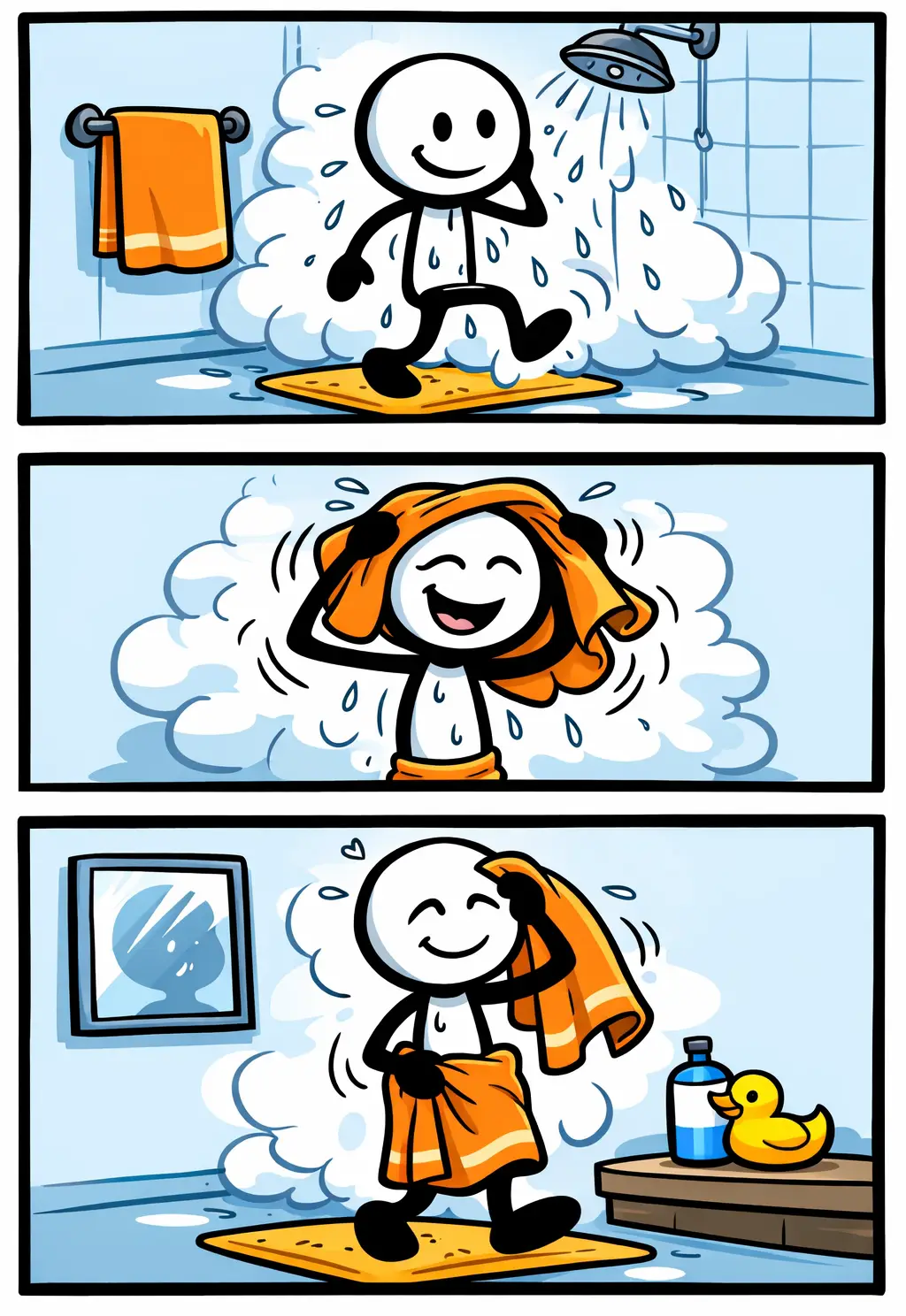 tripafbeelding met drie panelen van een stickman die zich afdroogt na het wassen, passend bij het woord Afdrogen.
