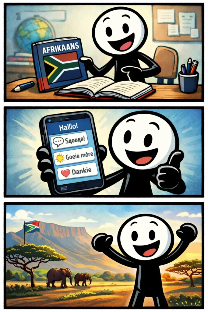 🇳🇱 Strip van een stickman die de taal Afrikaans leert met een studieboek, een leer-app en een herkenbaar Zuid-Afrikaans landschap.
🇿🇦 Strokiesprent van ’n stokmannetjie wat die taal Afrikaans leer met ’n studeerboek, ’n leerapp en ’n kenmerkende Suid-Afrikaanse landskap.