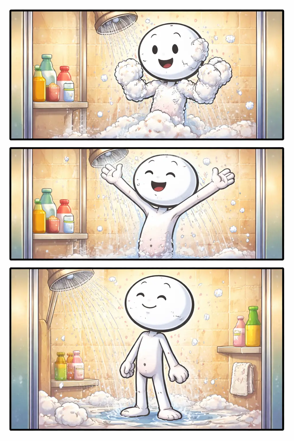 Toonwords-strip met een stickman die zich afspoelt onder stromend water, passend bij het woord Afspoelen.