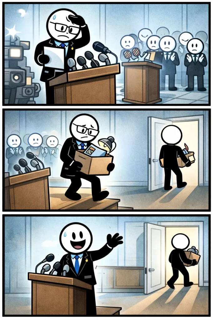 Een Ursula en Jetten strip waarin een bestuurder duidelijk laat zien waarom aftreden het juiste moment is.