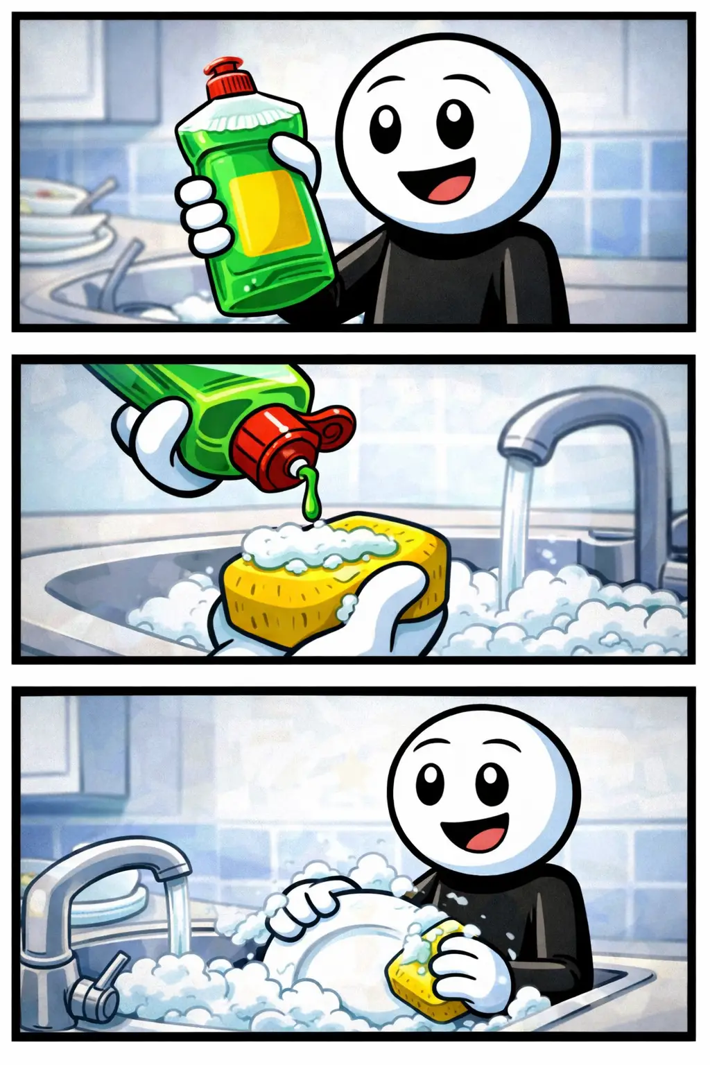 Stickman die een fles afwasmiddel gebruikt boven een gootsteen – Afwasmiddel.