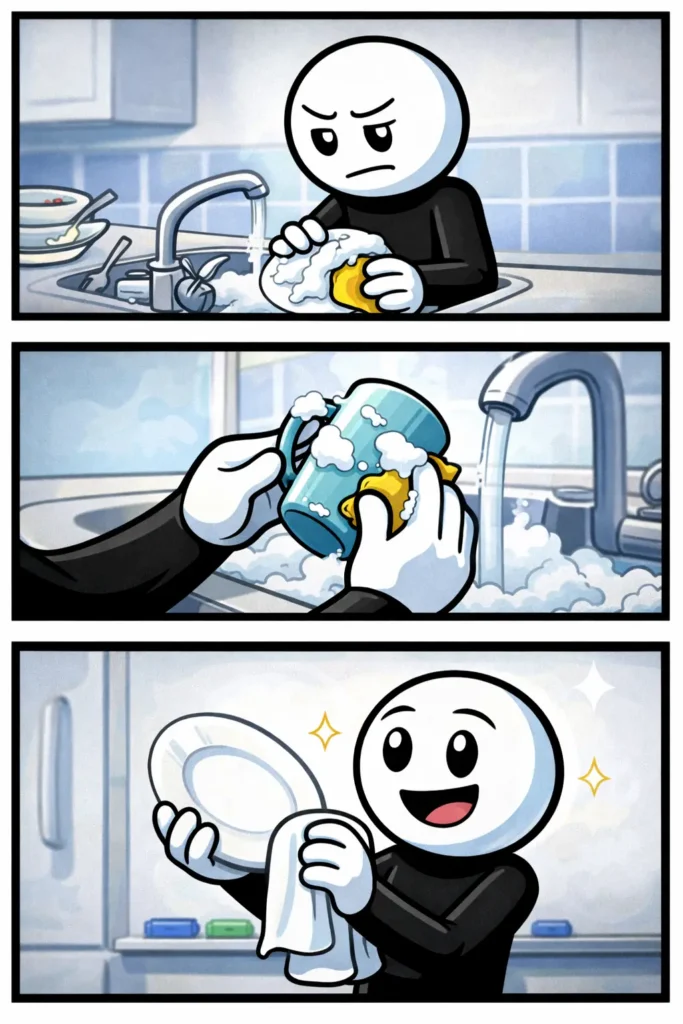 Stickman die borden afwast met sop en een spons – Afwassen.