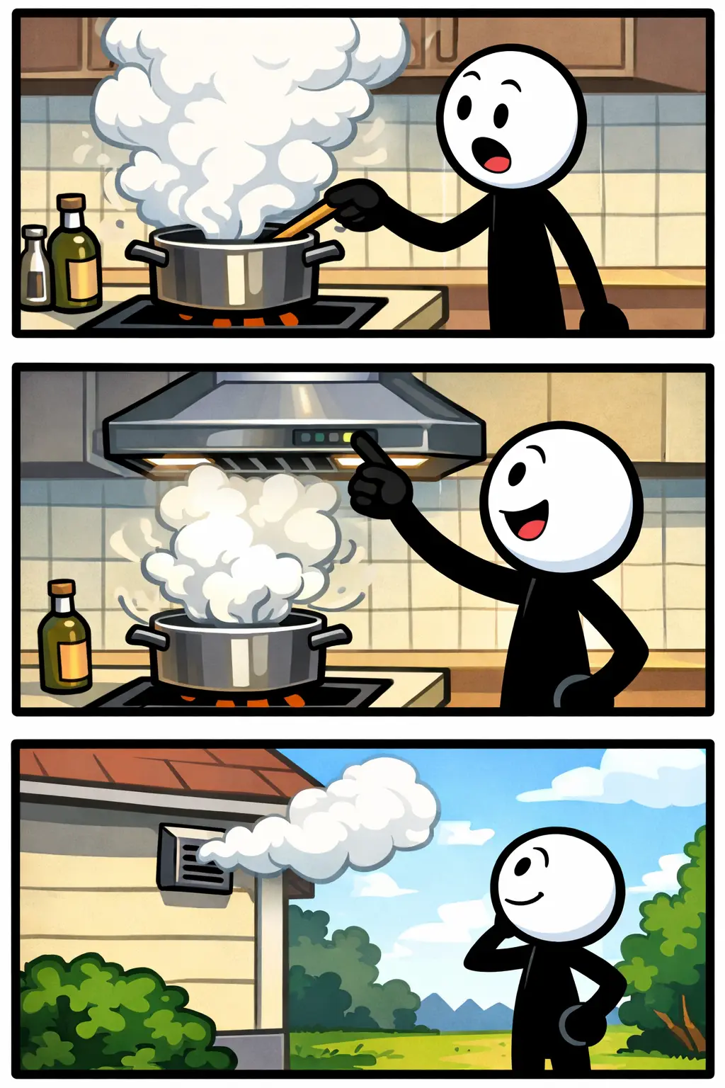 Stick ziet bij de afzuigkap hoe de afzuigkap alle stoom uit de keuken wegtrekt.