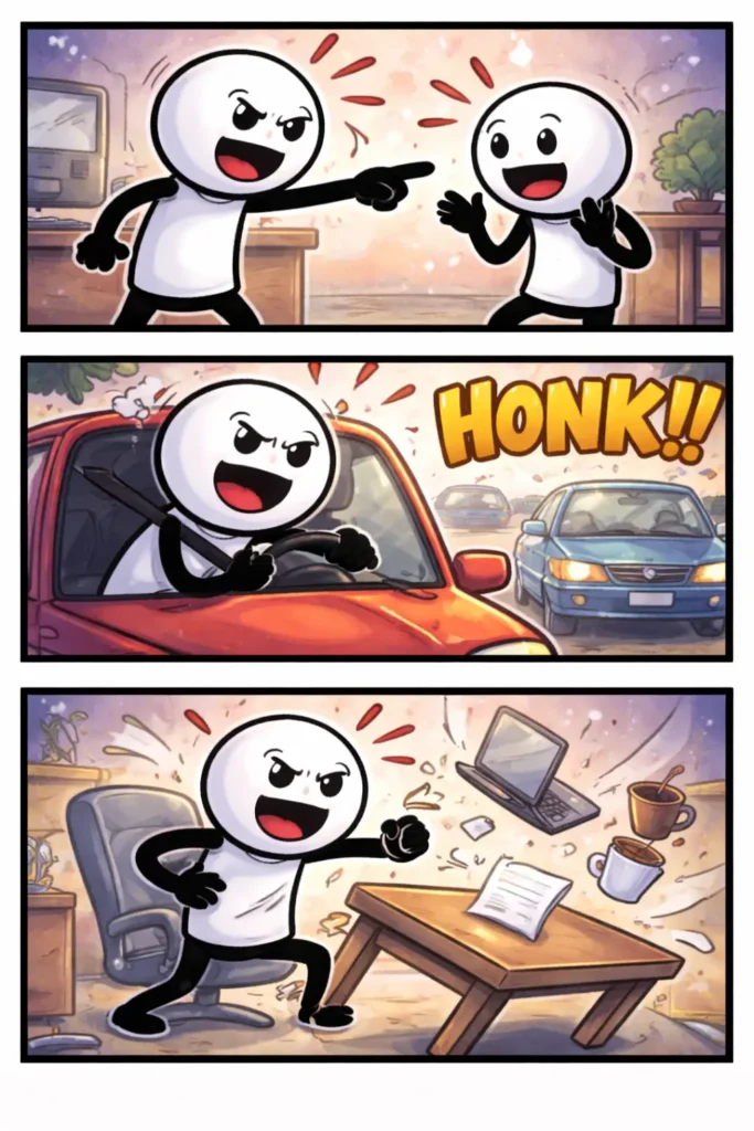 Drie-panelen stripafbeelding in Toonwords-stijl van een stickman die agressief gedrag vertoont door boos te reageren, spanning te uiten en confronterend op anderen over te komen, passend bij het Nederlandse woord Agressief.