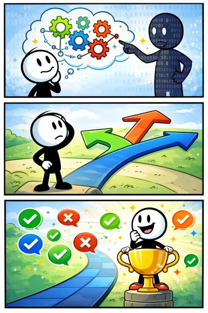 Drie-panelen stripafbeelding in Toonwords-stijl van een stickman die keuzes maakt via een algoritme zonder tekst.