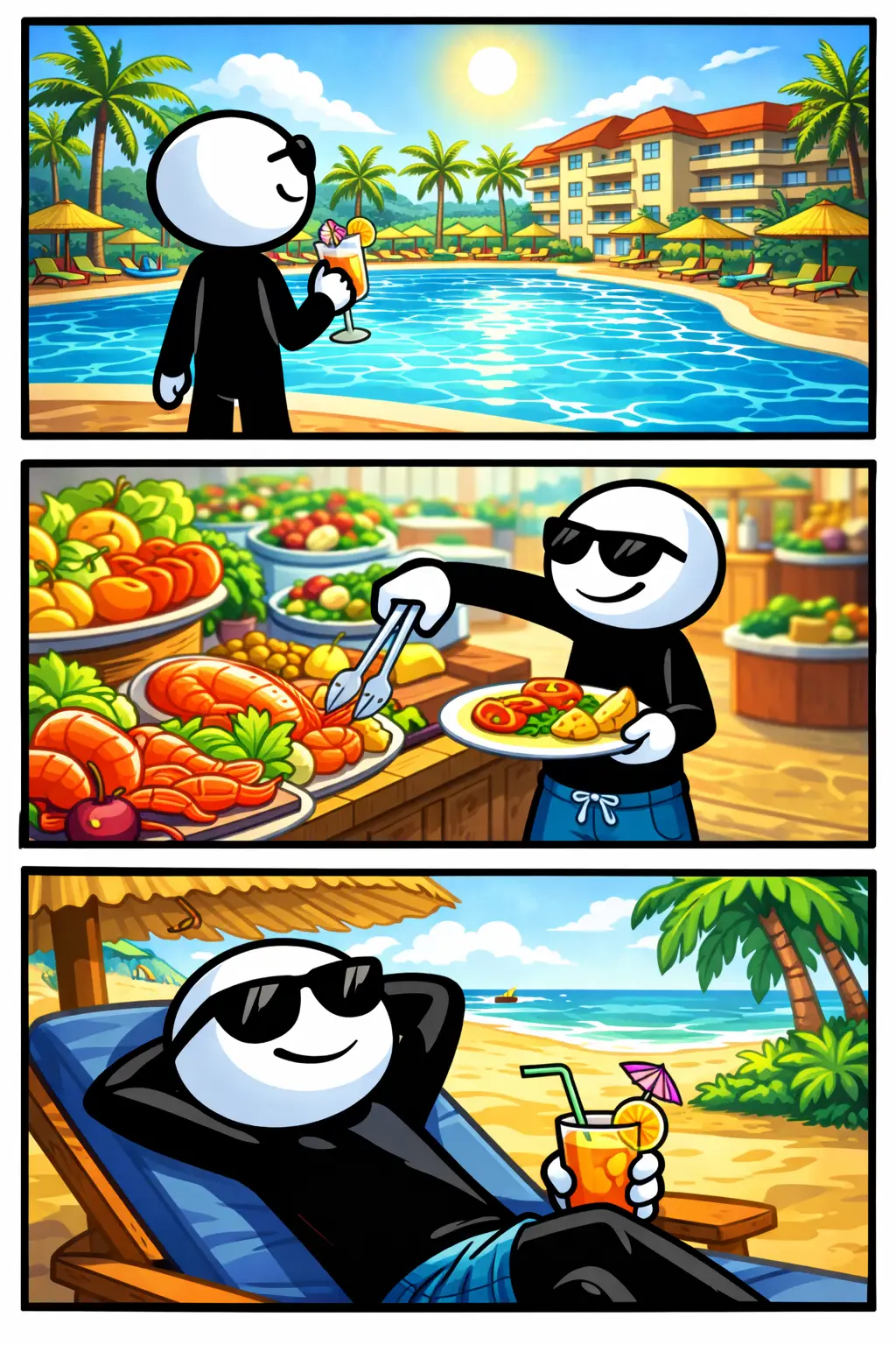 Toonwords-stripafbeelding van All-inclusive met een stickman die in drie panelen zorgeloos geniet van een volledig verzorgde vakantieomgeving.